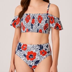 Janie and Jack Girl's Floral Smock Cold Shoulder Two-Piece Swimsuit Set Blue 14